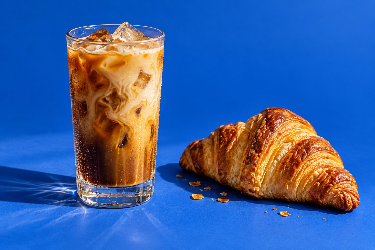 Iced coffee and croissant against vivid blue