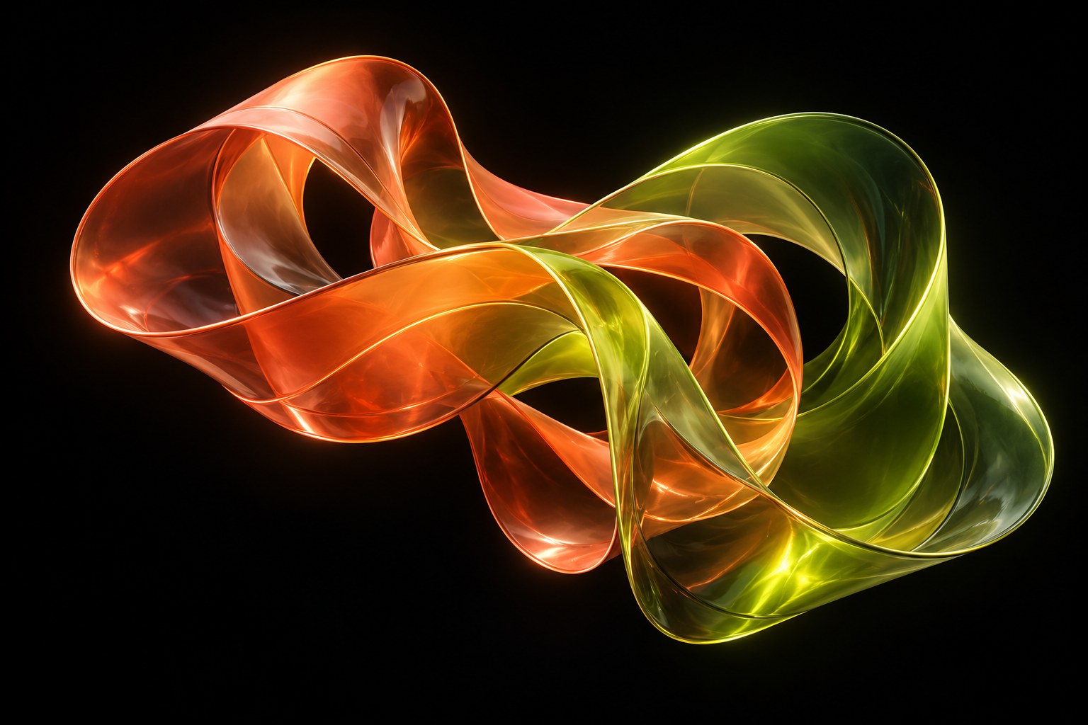 Sculptural coral and lime ribbons in black space